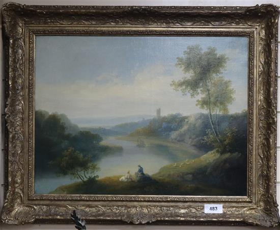 English School, oil on canvas, River landscape with figures and sheep, 45 x 60cm